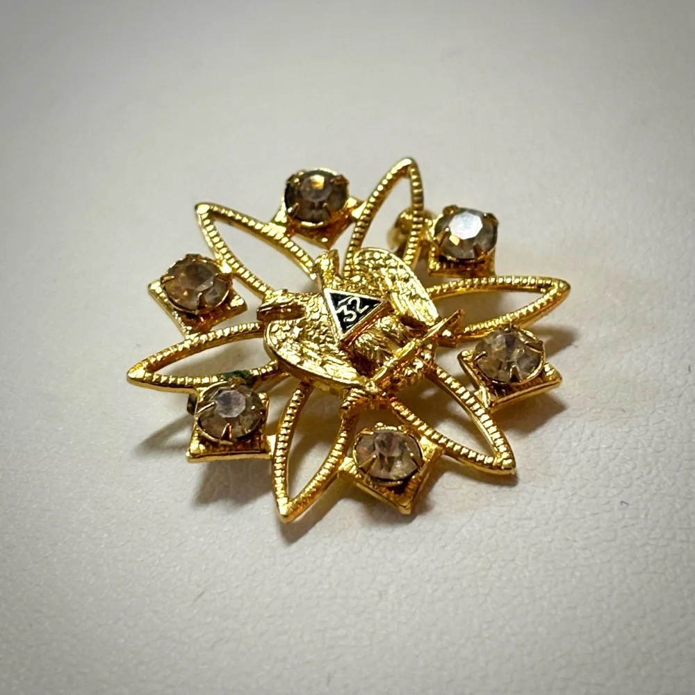 Vintage Scottish Rite 32nd Degree Gold and Rhinestone Double Eagle Brooch Pin - Picture 2 of 3